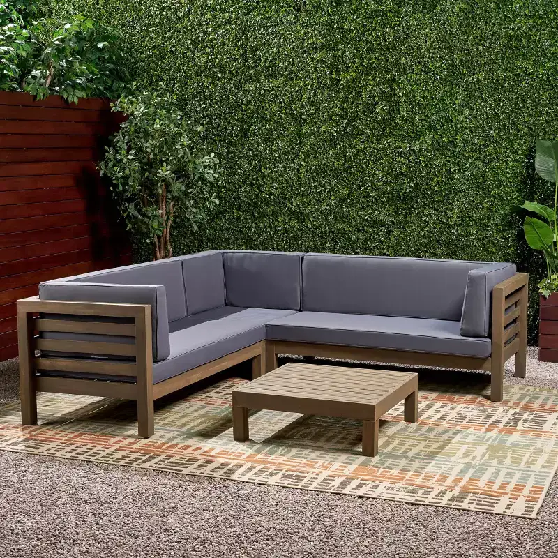 Christopher Knight Home Cynthia Patio Acacia Wood L Shape Upholstered 5-Seater Sectional Sofa Set with Coffee Table