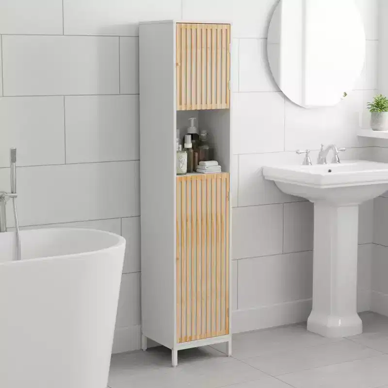 Homy Casa Bathroom Tall Storage Cabinet with Bamboo Slat Doors, Freestanding Slim Organizer, White