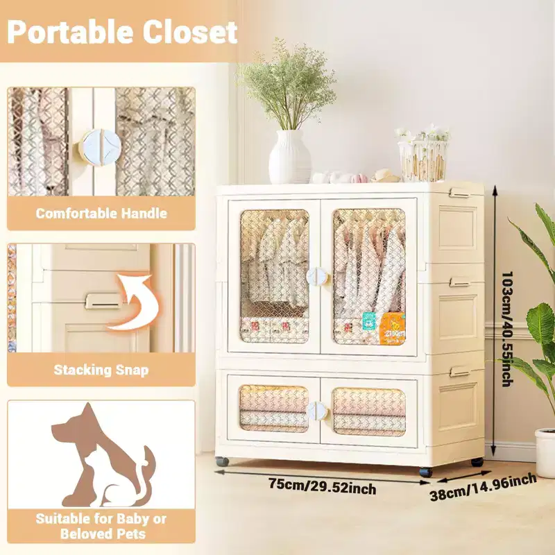 COZONY 2-Tier Storage Wardrobe w/ Transparent Doors & Rolling Bins for Home Organization