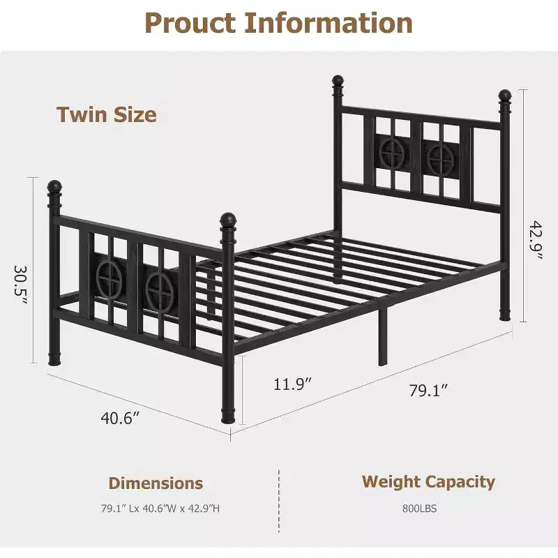 Bed Frame with Vintage Headboard & Footboard, Metal Frame with Under Bed Storage, No Box Spring Needed