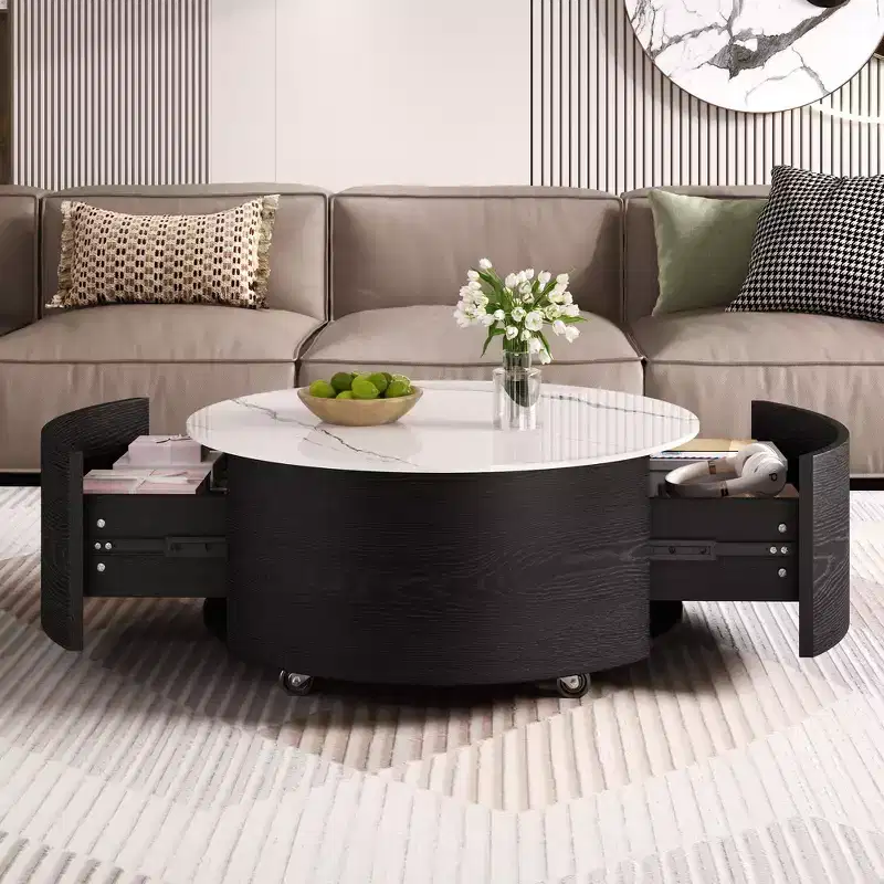 Modern Round Coffee Table with Sintered Stone Top, 2 Drawers & Rolling Casters