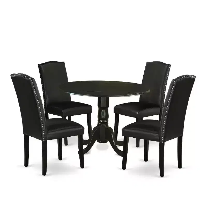 Round Kitchen Table Set 5pc 42 Table w/ Drop Leaves & 4 Parsons Chairs - Black PU Leather