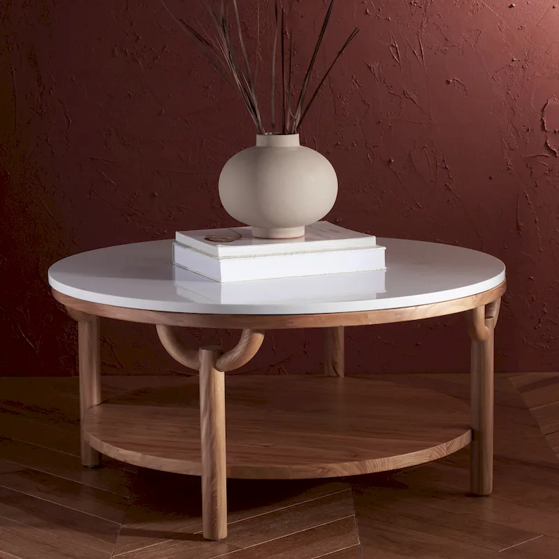 SAFAVIEH Couture Aive 2-Tier Marble Top Round Coffee Table - 35 In. W x 35 In. D x 17 In. H - 35W x 35D x 17H