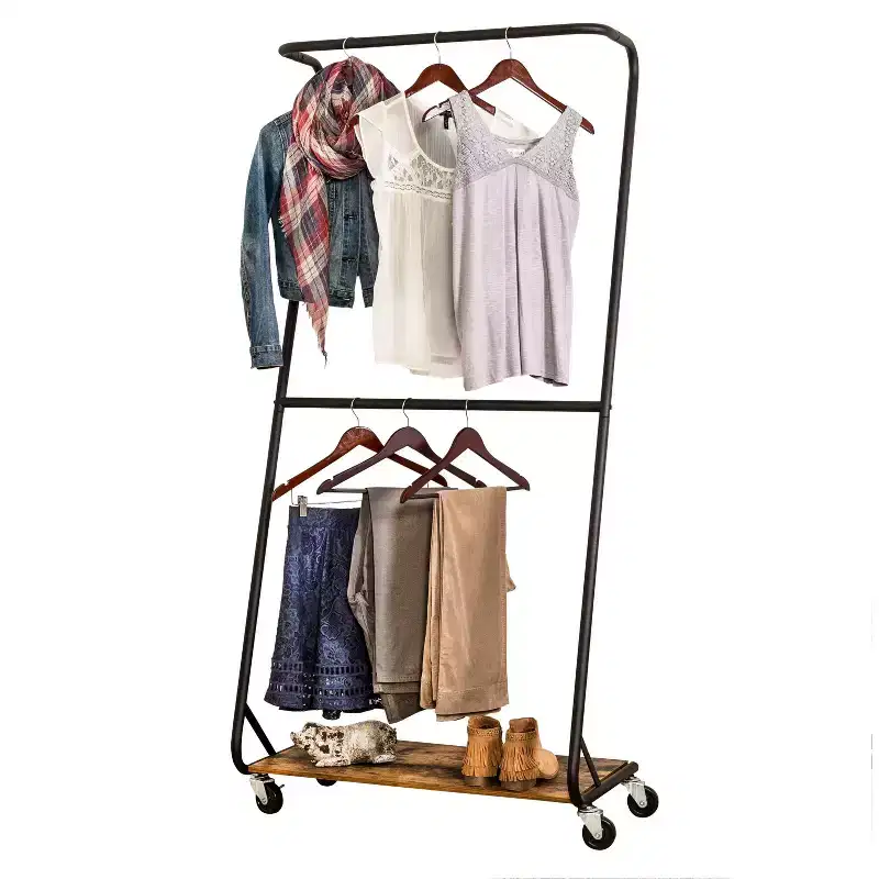 Rustic Brown Z-Frame Garment Rack with Double Bars & Bottom Shelf