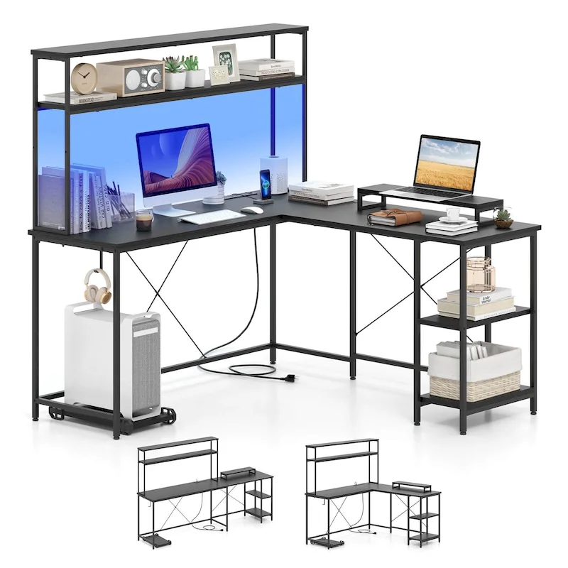 L-Shaped Gaming Desk with LED Strip & Power Outlets