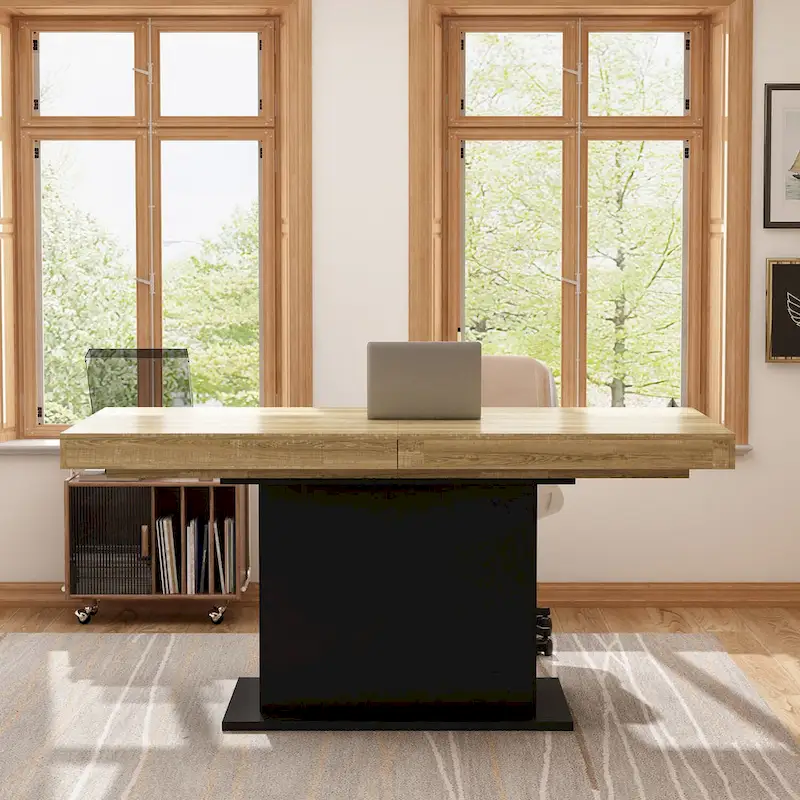 Extendable Dining Room Table Wood Finish Top Computer(Black/White)