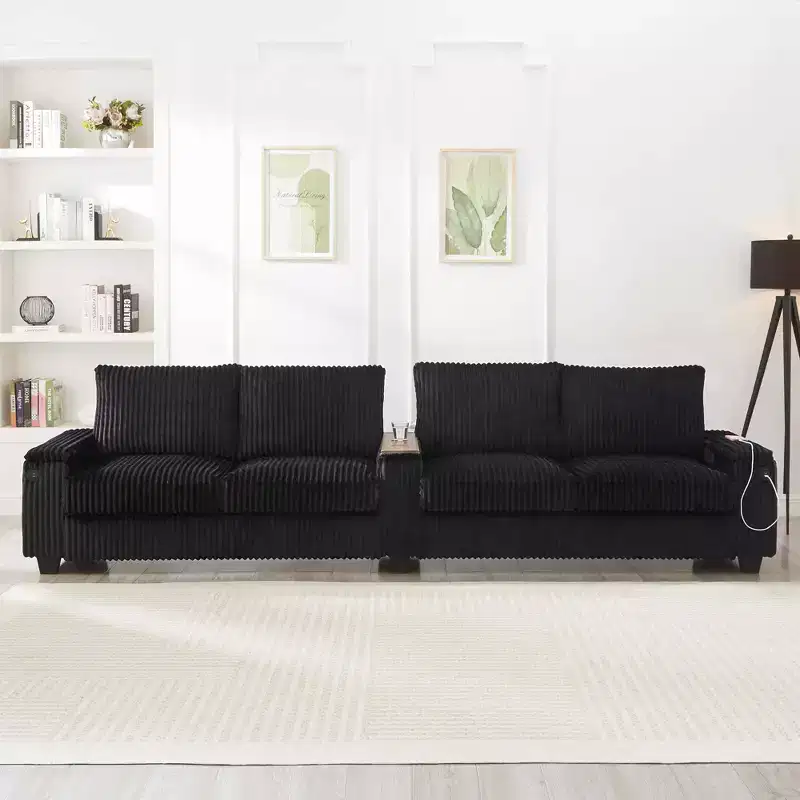 4 Seater Corduroy Sofa Couch 133 Modern Sofa with Ports Hidden Storage Arms Flip Top Cup Holders for Living Room Black