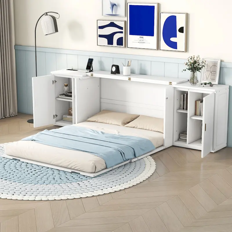 White Queen Size Murphy Bed with Shelves, Cabinets, USB Ports