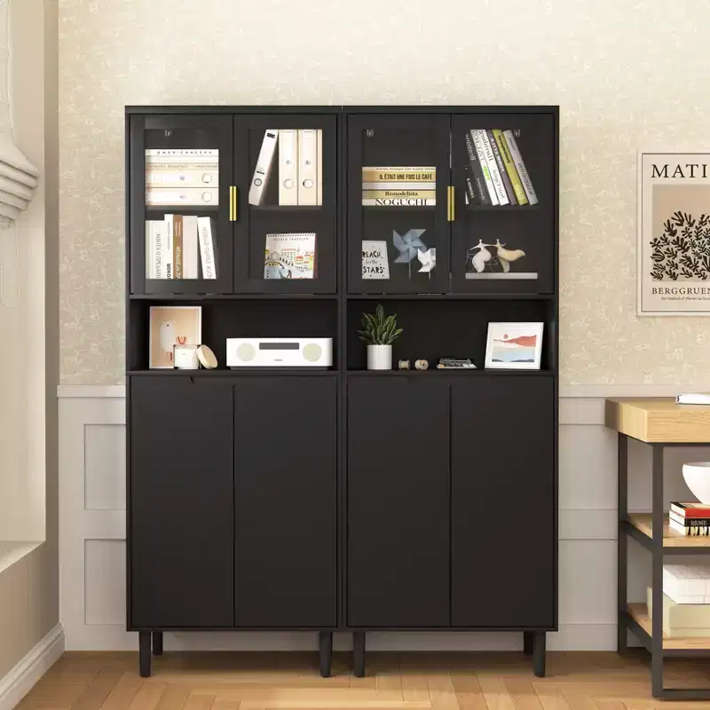 Tempered Glass Door Tall Bookcase with Adjustable Shelves, 4-Door MDF Painted Cabinet in Black for Living/Bedroom