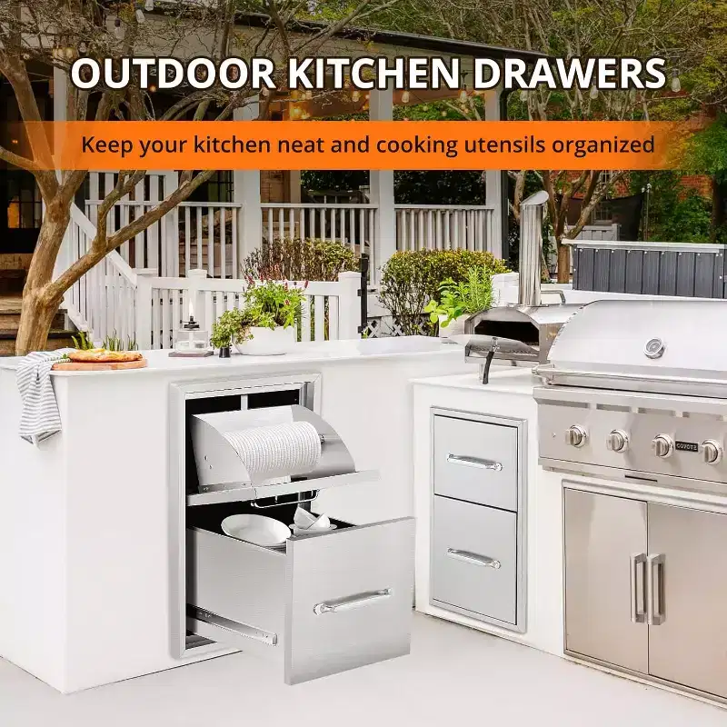 Outdoor Kitchen Drawers with Paper Towel Holder, Stainless Steel BBQ Island Storage, Multi Grill Station Access Drawers