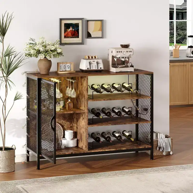42/47'' Industrial Wine Bar Cabinet - Rustic Brown Liquor Storage with Glass Holders for Dining Room