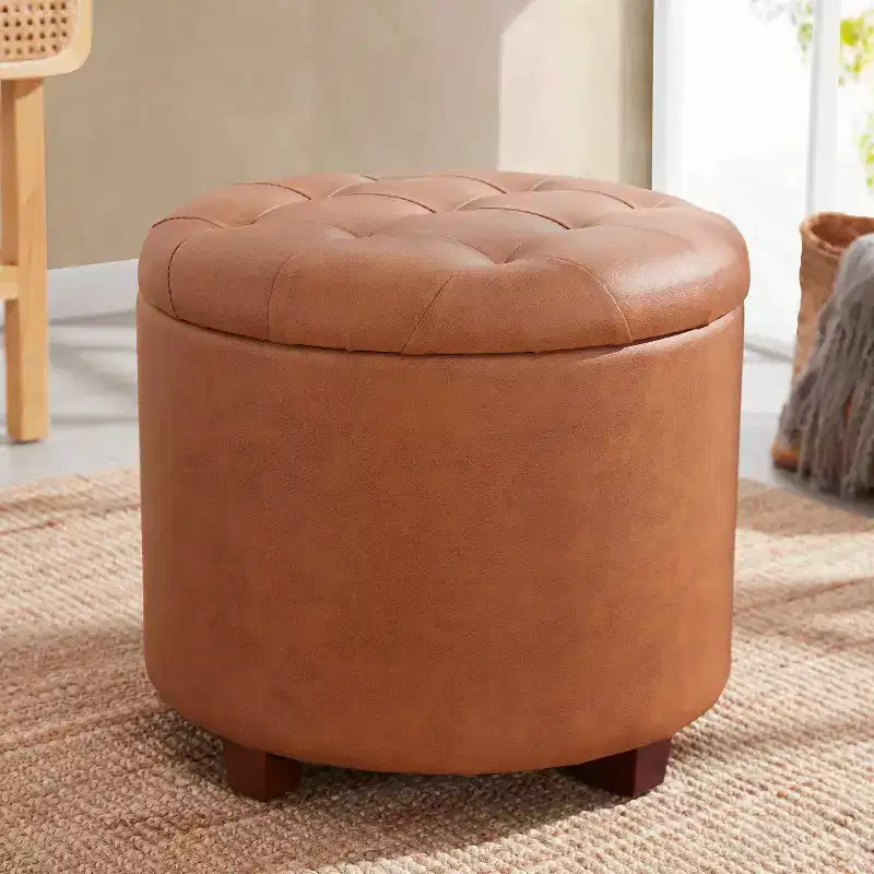 Faux Leather Round Tufted Storage Ottoman with Wooden Legs, Living Room Footrest