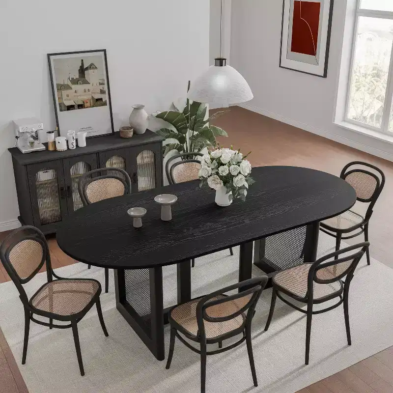 PexFix 67 x 33.5 Modern Farmhouse Kitchen Dining Room Table Furniture Oval Black Kitchen Table with Rattan Woven Legs for Kitchen Bar Living Room