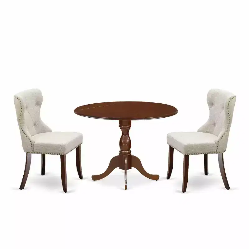 3-Piece Mahogany Finish Solid Wood Top - Button Tufted Dining Room Set - Seats 4