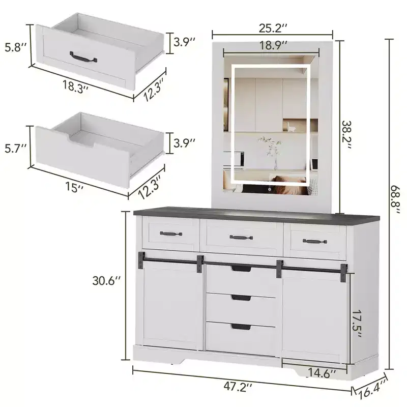 47.2 Farmhouse Buffet Cabinet, with 6 Drawers, 2 Sliding Barn Doors, Rustic Organizer, for Dinning Room, Kitchen, Living Room