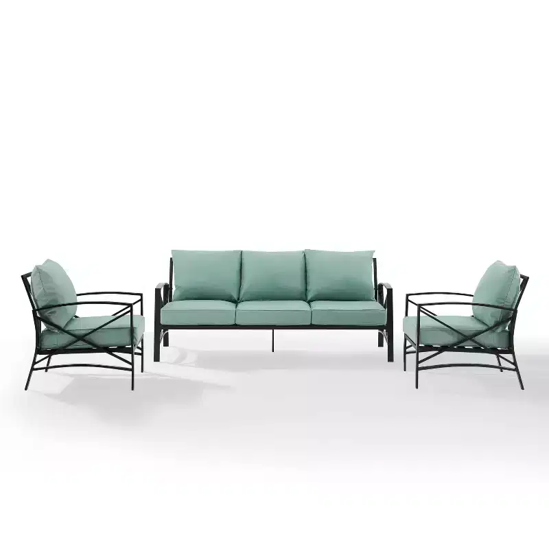 Kaplan 3pc Outdoor Sofa Set with Sofa & 2 Arm Chairs - Mist - Crosley: Steel Frame, Weather-Resistant
