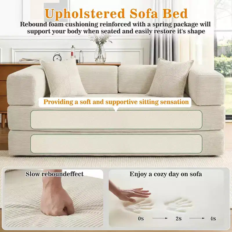 Dyonery 78.8 5-in-1 Convertible Sofa Bed - Folding Modular Corduroy Futon Couch with 2 Pillows No Assembly for Living Room Bedroom