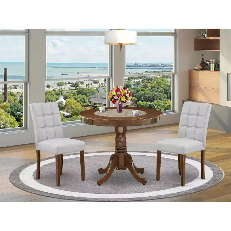 Round Pedestal Dining Table Set with 2 Chairs - Antique Walnut Finish Kitchen Set