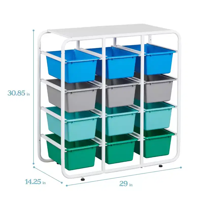 ECR4Kids 4-Tier Storage Rack with 12 Cubby Bins, 4x3, Multipurpose Organization