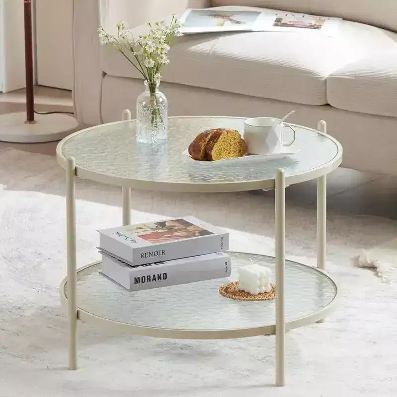 25.6 In. Small Round Coffee Table Water-Wave Glass