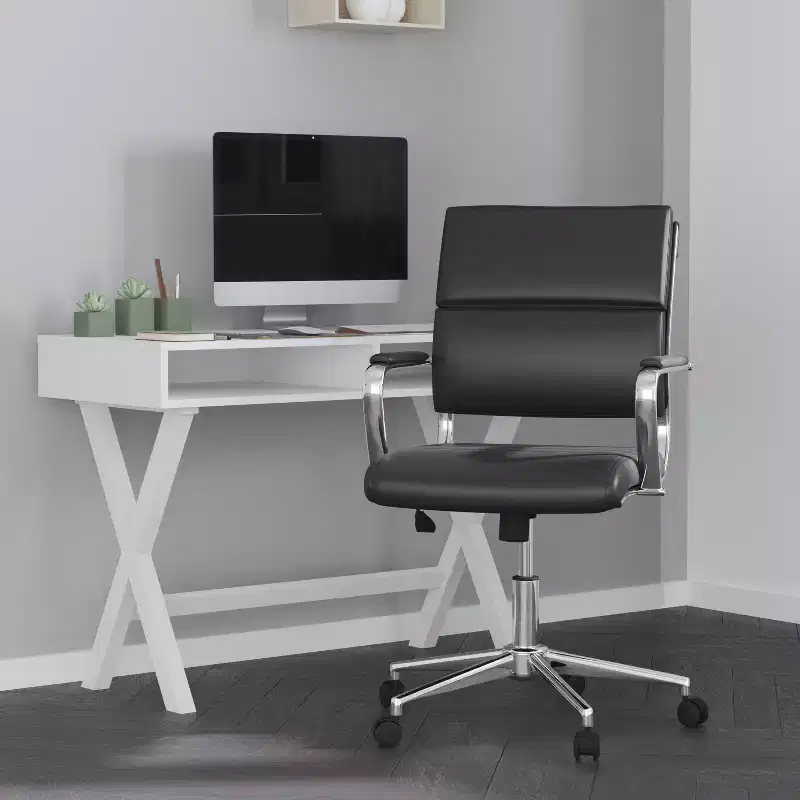 Ergonomic Swivel Office Chair, Mid-Back, Bonded Leather, Padded Metal Arms & Base