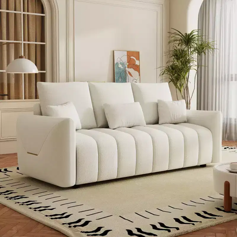 PexFix 80.7 in. W Premium Teddy Fabric 3-Seat Sofa in White with 3 Pillows and 3 Back Cushions for Living Room Bedroom and Office