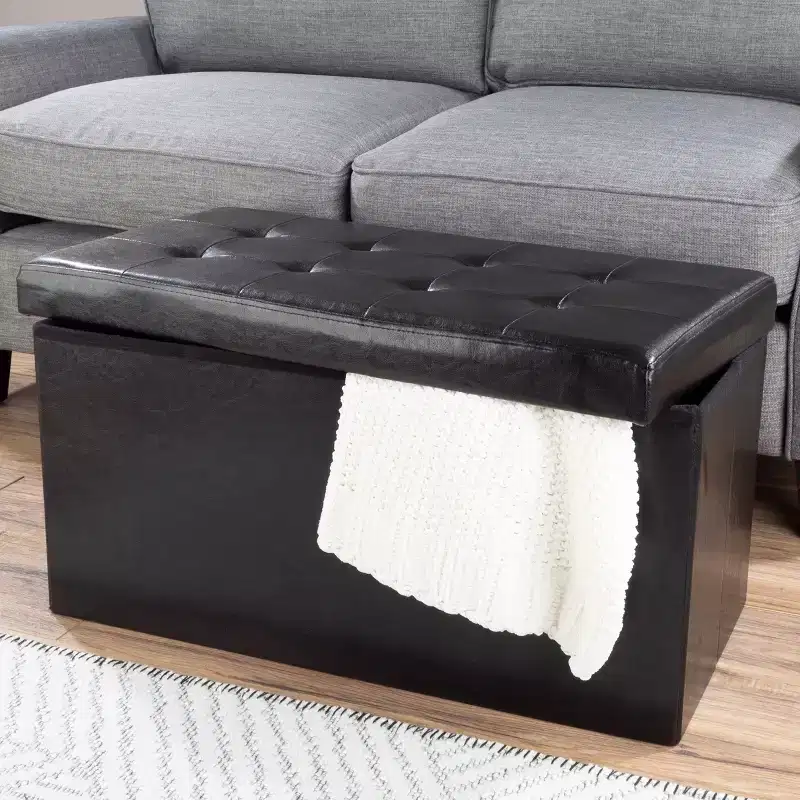 30-Inch Storage Ottoman, Folding Faux Leather Footrest, Linen Chest or Bench