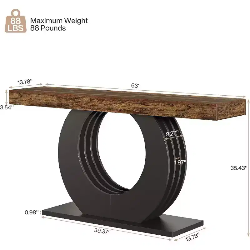 Lantine 63-Inch Console Sofa Table, Rustic Industrial Farmhouse Entryway Table with Black Circle Base for Living Room, Hallway, Rustic Brown