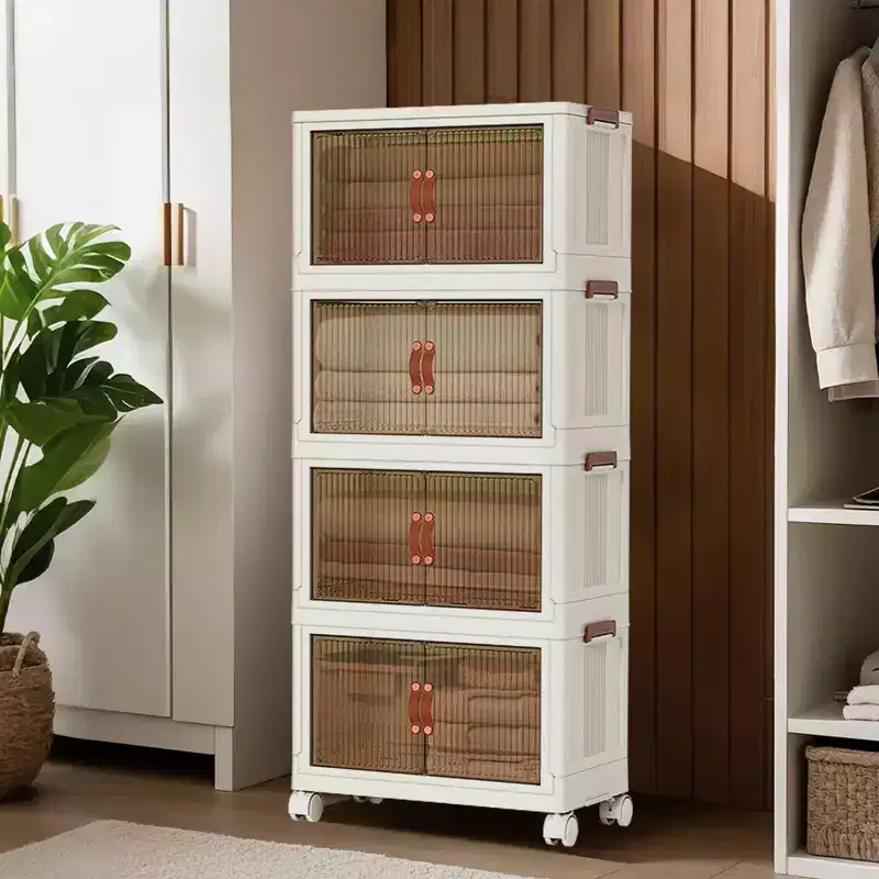 4-Tier Stackable Storage Bins with Wheels – Foldable Plastic Organizer with Double Doors