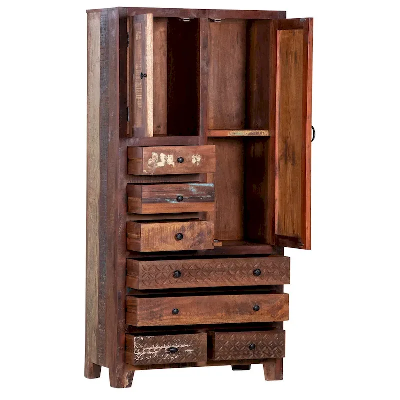Antique White / Brown Solid Wood Armoire with 7 Drawers & 2 Doors
