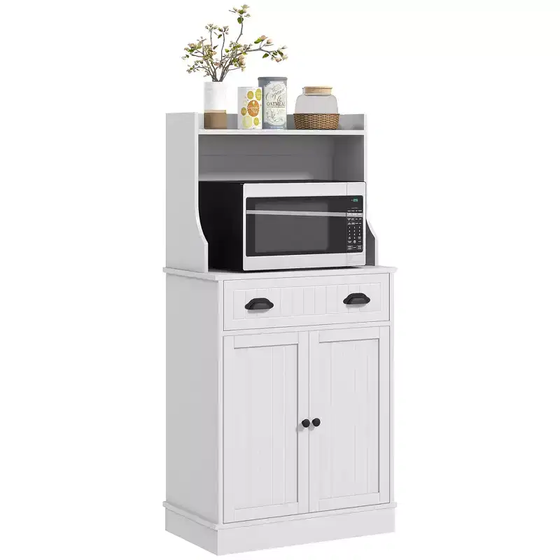 Microwave Cabinet with Drawer, Double Door Cabinet and Adjustable Shelf, Buffet with Hutch and Cable Hole for Kitchen, Dining Room, White