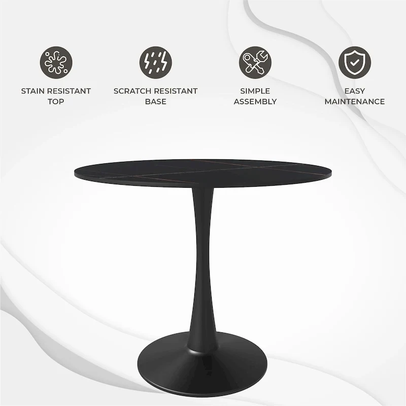 35in Round Dining Table with Sintered Stone Tabletop, Black Steel Pedestal Base, Scratch-Resistant
