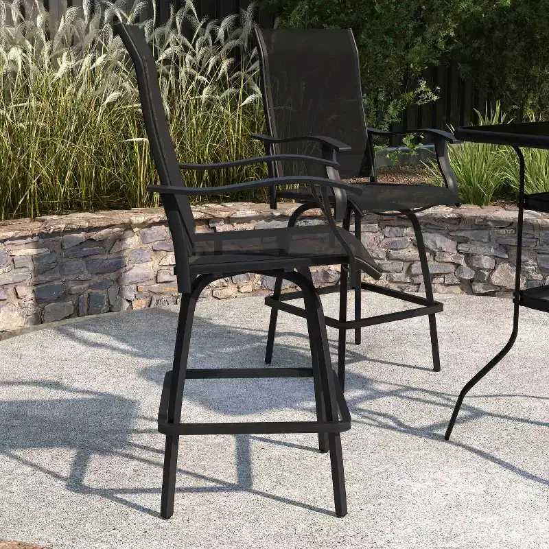 Merrick Lane Set of 2 Brett High Back Bar Height Swivel Patio Stools with Powder Coated Metal Frames and Textilene Upholstery