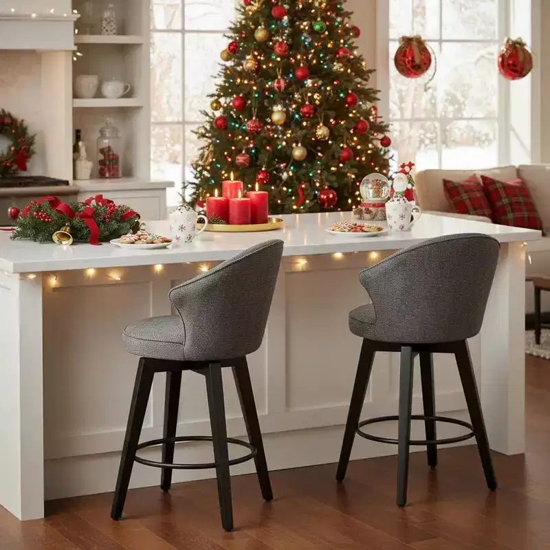 Wing Back Swivel Bar Stools with Upholstered Seat and Wood Legs, Gray
