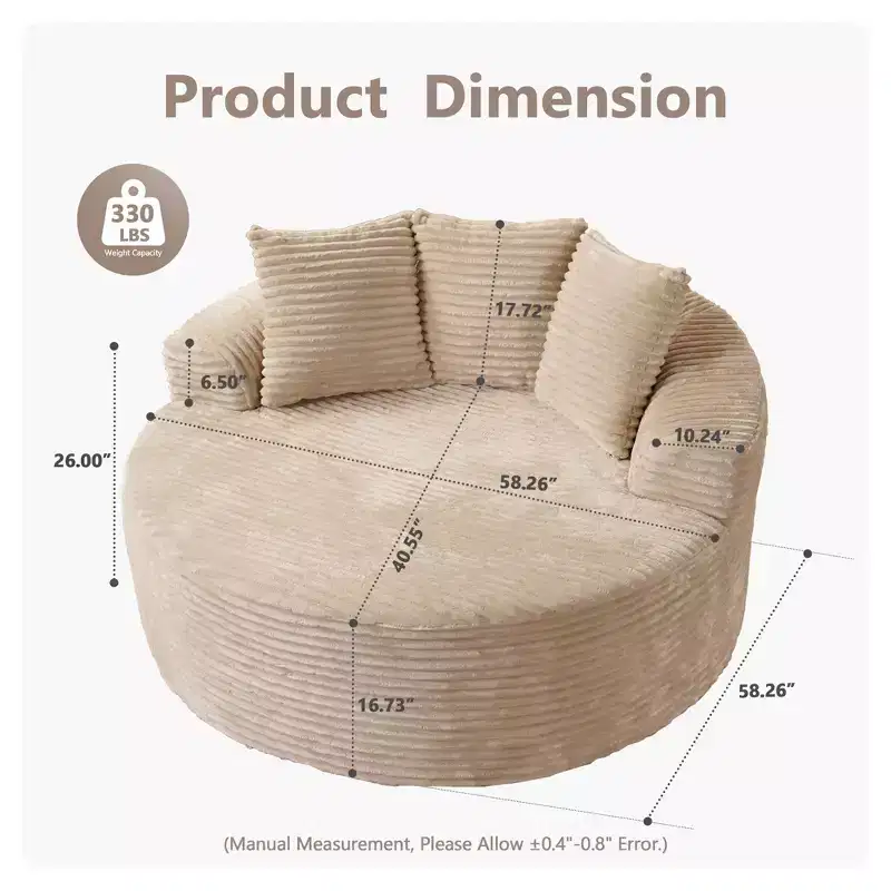 Plush Round Sofa for Living Room, Soft Polyester Fabric with Spring & Sponge, Cozy Living Room Furniture 58.26 Circular Cozy Chair