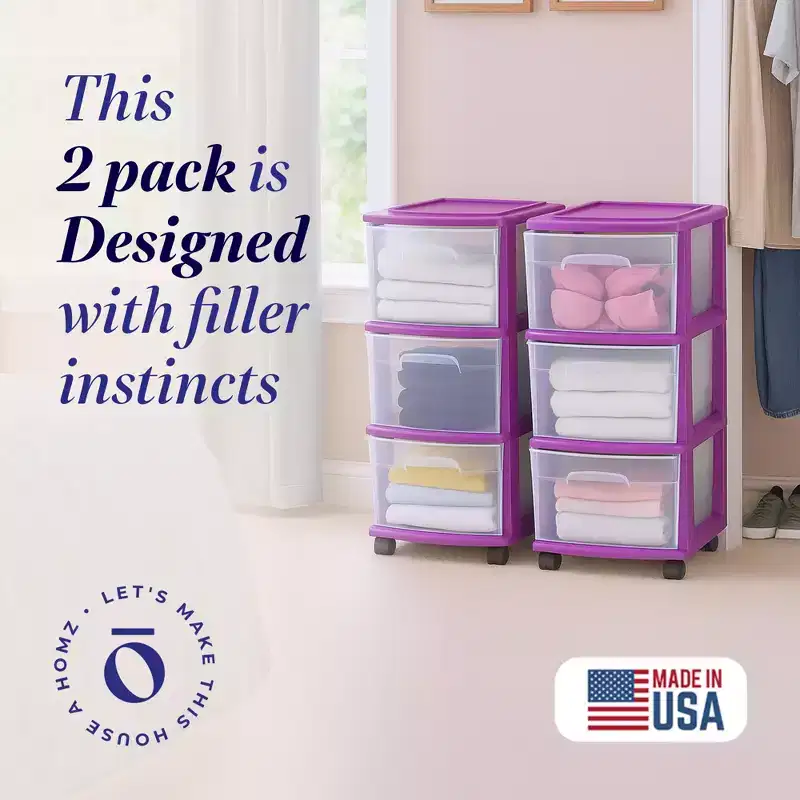 Homz Plastic 3 Drawer Medium Storage Container Tower, Purple Frame (2 Pack)