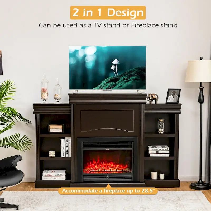 70-Inch Brown Media Entertainment Center with Bookcase and Fireplace Cabinet - 70 x 11x 45(L x W x H)