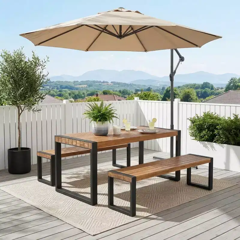 Whisen Weather-Resistant Outdoor Dining Table Set With 2 Benches, Patio Furniture Set With Unique Top Texture, Acacia Wood Top & Steel Frame - Natural