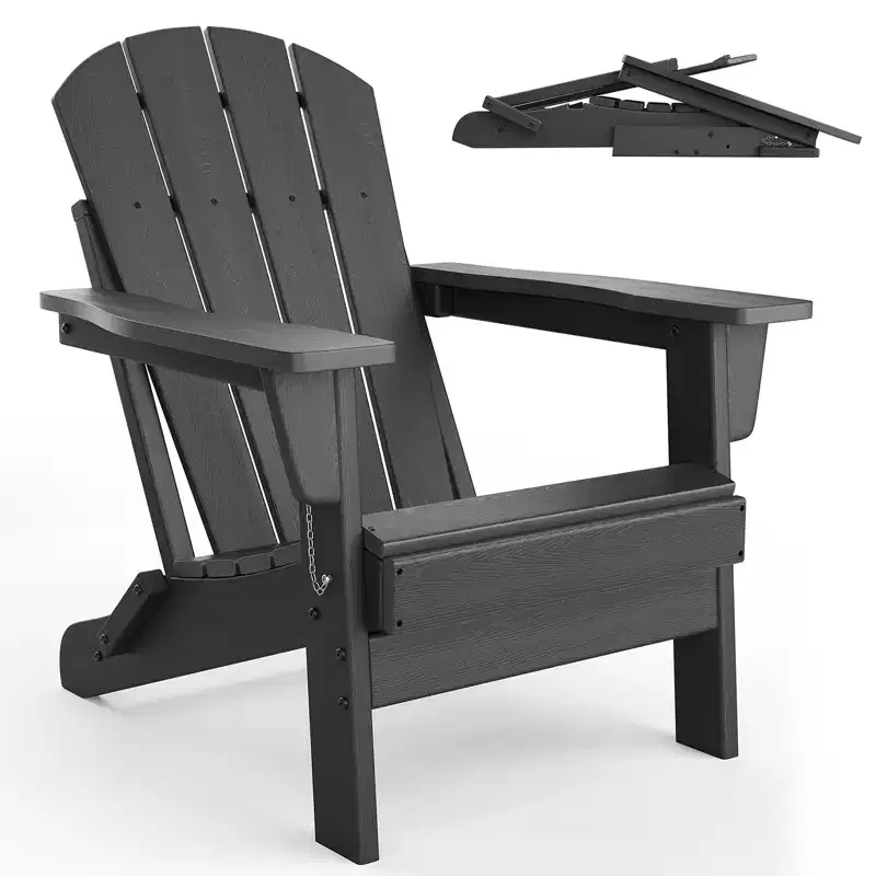 All-weather Outdoor Patio Chairs with Cup Holders, Foldable Wooden-textured Chairs, for Patios, Decks, Gardens, Navy Blue - 1 set