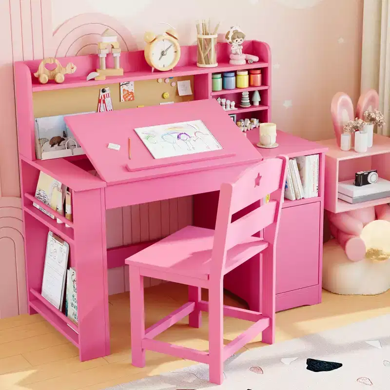 Kids Study Desk and Chair Set,Kids Desk with Hutch and Tiltable Desktop,Wooden Children Study Table with Storage Cabinet,Student Writing Desks