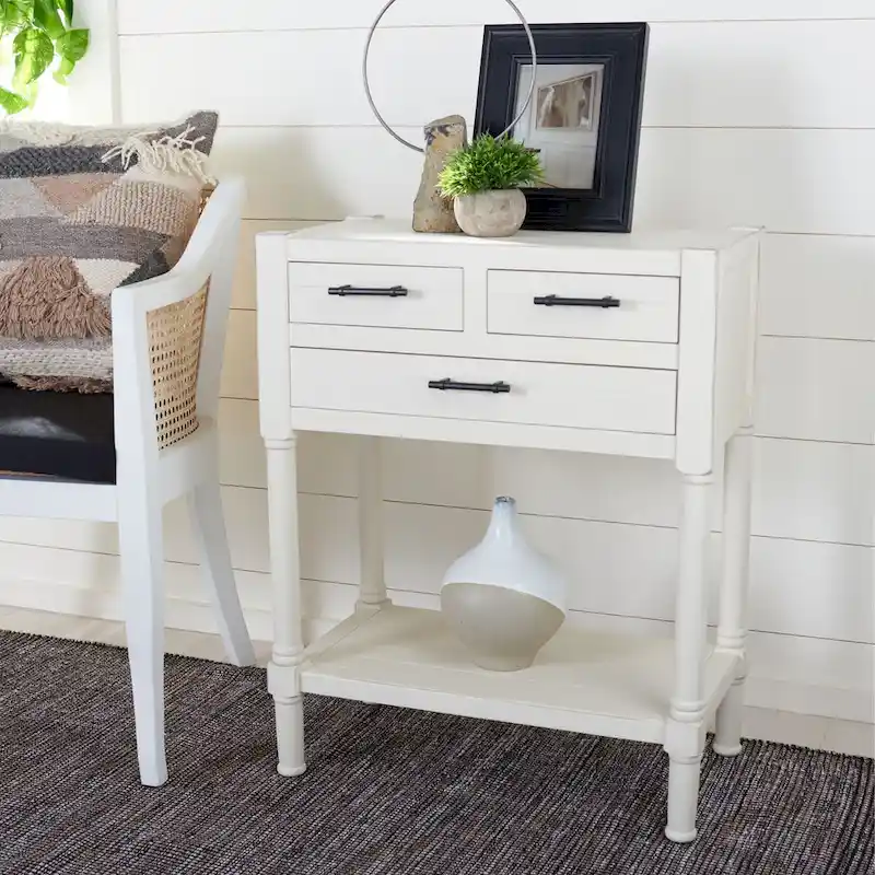 3-Drawer Console Table, Distressed White Wood Finish, 23.5in W x 13in D x 29.5in H, Entryway Accent Table