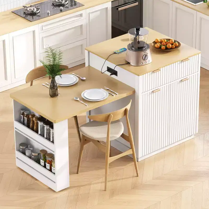 Fluted Kitchen Island with Extendable Table, Power Outlet & Double-Side Storage