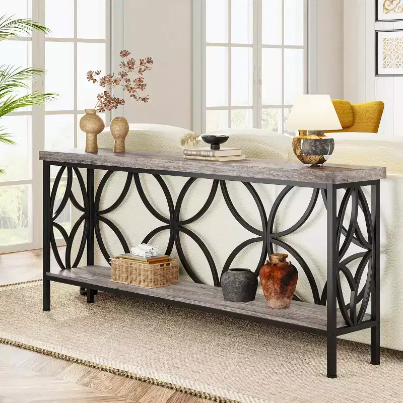 Lantine 70.9-Inch Narrow Industrial Sofa Table with Storage, Vintage Grey, for Entryway, Living Room, Foyer, Unique Design.