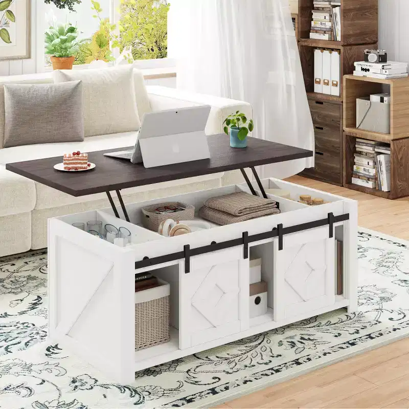 EROMMY Farmhouse Lift Top Coffee Table With Storage & Sliding Barn Doors