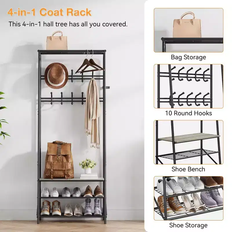 Coat Rack Shoe Bench with 5 /6 /10 Hooks