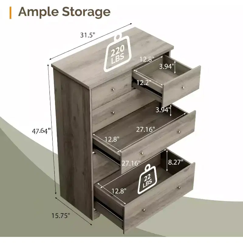 VINGLI Tall Dresser Chest of Drawers, Grey Dresser 6 Drawer Chest, Wood Gray Dressers for Bedroom