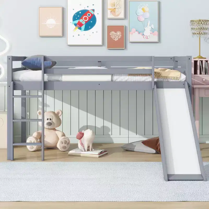 MAYEERTY Twin Low Loft Bed with Slide, Ladder, Safety Guardrails Gray