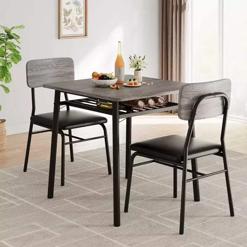 3-Piece Dining Set for 2  Compact Table with Storage Shelf & 2 Upholstered Chairs, Gray Wood-Grain Top & Black Metal Legs for Kitchen or Living Room