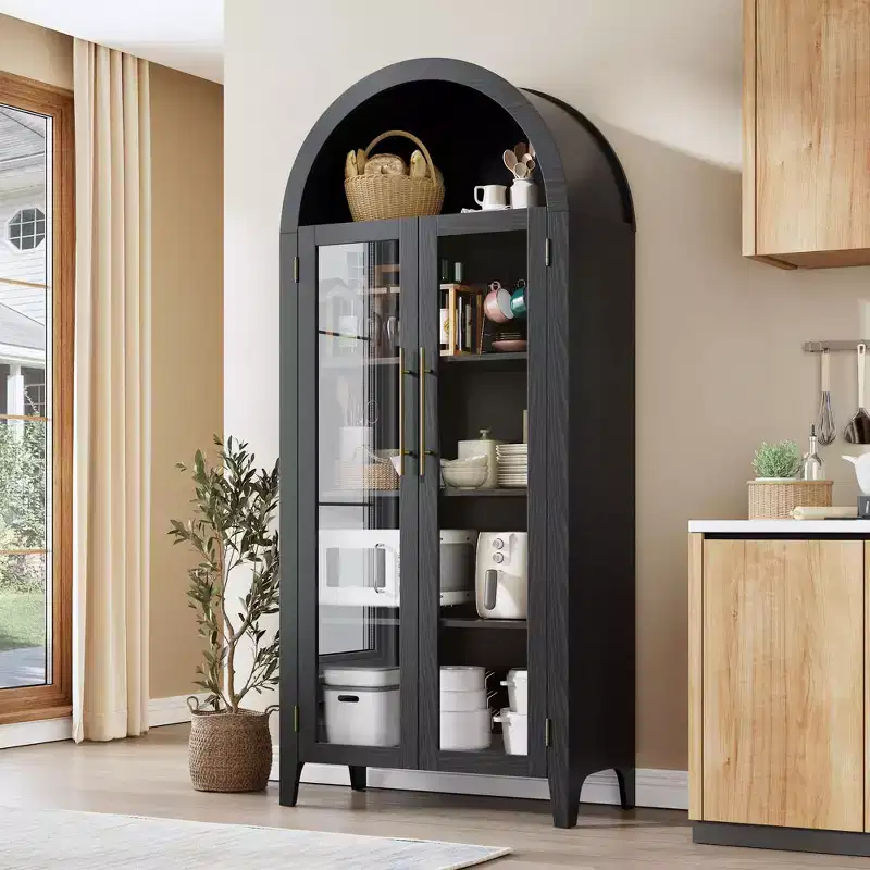 63.2 Arched Kitchen Pantry Storage Cabinet - Farmhouse 5 Tier Display Shelf with 2 Large Glass Doors, for Kitchen, Dining Room, Living Room