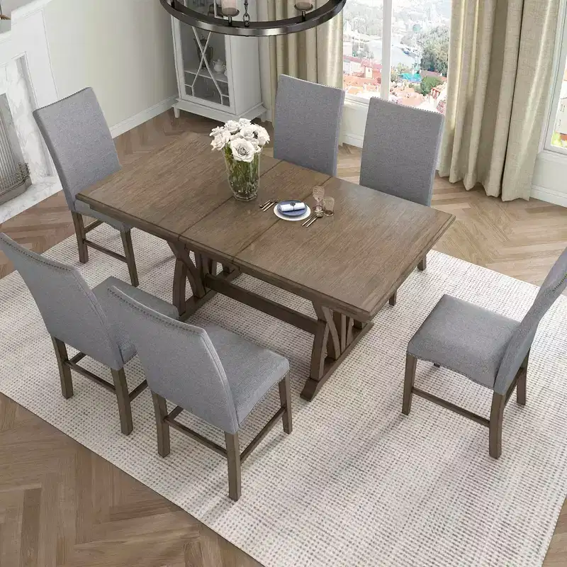 MAYEERTY 7-Piece Mid-Century Solid Wood Extendable Dining Table Set, 12 Leaf, Upholstered Chairs for 6 Person, Golden Brown + Gray